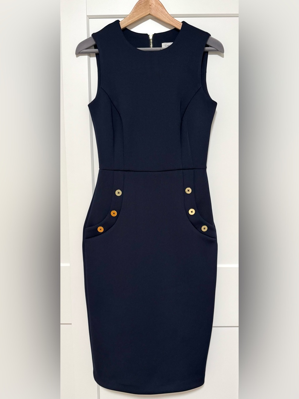 Calvin Klein Navy Sheath Dress with Gold-Tone Buttons - Size: 2 - Like New!